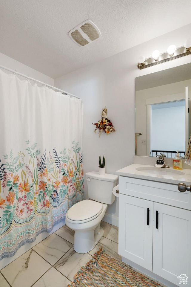 4082 N Poplar Dr, Eagle Mountain, UT 84005 - bathroom with marble look tiles, vanity, a shower with curtain, and a textured ceiling
