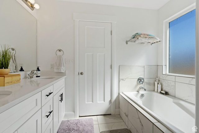 4082 N Poplar Dr, Eagle Mountain, UT 84005 - full bathroom featuring double vanity, a garden tub, and marble look tile flooring