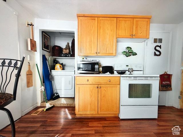 3628 S 5450 W, West Valley City, UT 84120 - kitchen featuring white electric range oven, washer / clothes dryer, stainless steel microwave, and dark wood-style floors