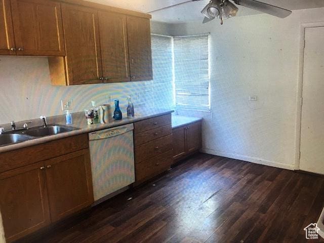3628 S 5450 W, West Valley City, UT 84120 - kitchen with white dishwasher, a ceiling fan, dark wood-type flooring, and light countertops