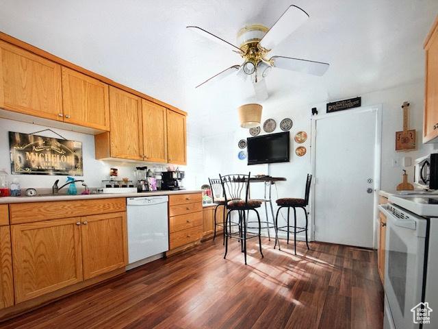 3628 S 5450 W, West Valley City, UT 84120 - kitchen featuring white appliances, dark wood-type flooring, light countertops, and ceiling fan