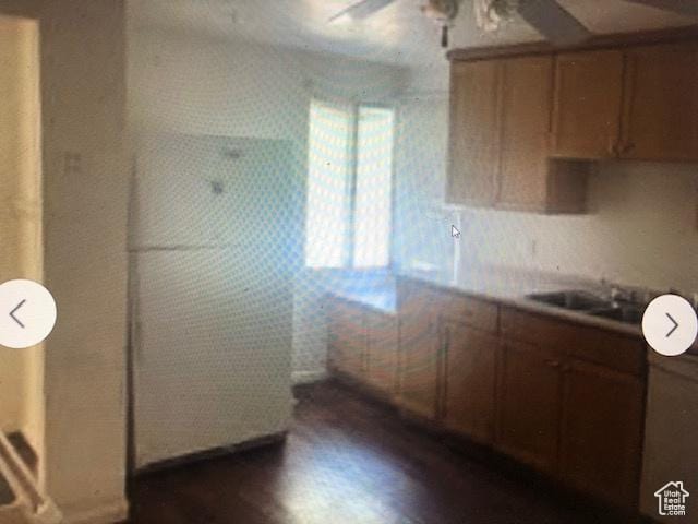 3628 S 5450 W, West Valley City, UT 84120 - kitchen featuring a ceiling fan and dark wood-style floors