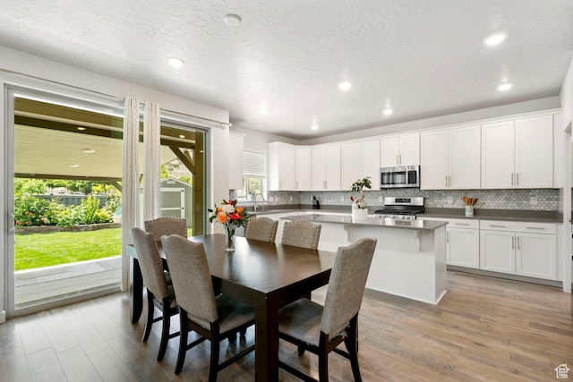 7335 N Harvest Crop Dr, Eagle Mountain, UT 84005 - dining area with light wood-type flooring, recessed lighting, and a textured ceiling