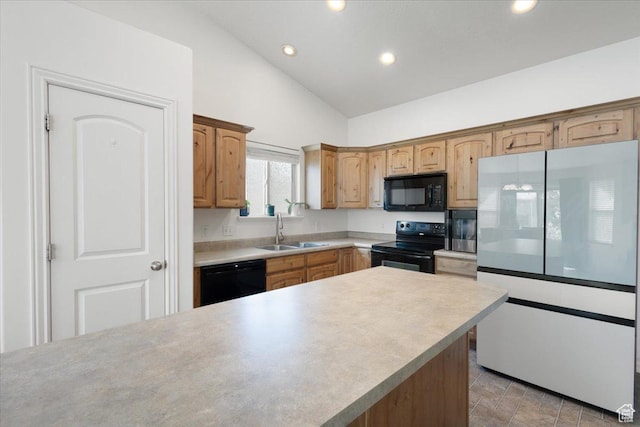 4509 S Greystock Cir W, West Valley City, UT 84120 - kitchen featuring black appliances, recessed lighting, light countertops, and high vaulted ceiling