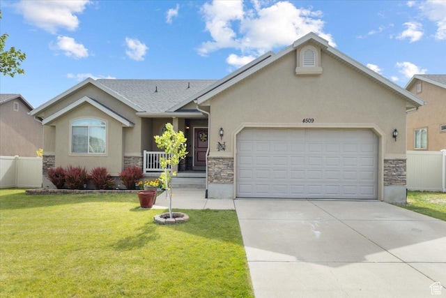 4509 S Greystock Cir W, West Valley City, UT 84120 - ranch-style house with stone siding, a garage, stucco siding, and driveway