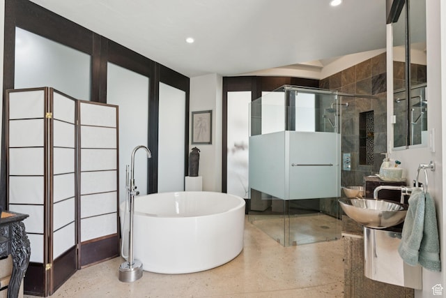 3530 N State Road 32, Marion, UT 84036 - full bath featuring a stall shower, a freestanding bath, recessed lighting, and speckled floor