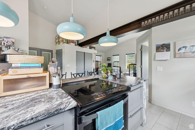 3530 N State Road 32, Marion, UT 84036 - kitchen with black electric range oven, lofted ceiling, light tile patterned floors, and pendant lighting