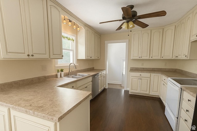 1145 S Liberty Ave E, Ogden, UT 84404 - kitchen featuring white range with electric stovetop, stainless steel dishwasher, a peninsula, a ceiling fan, and cream cabinetry