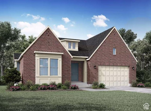 11718 S Halls Creek Rd, Draper, UT 84020 - view of front facade with brick siding, concrete driveway, a front yard, a garage, and roof with shingles