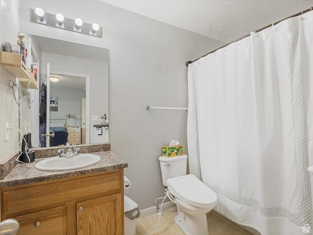 2419 E Hitching Post Dr N, Eagle Mountain, UT 84005 - bathroom featuring vanity, tile patterned floors, a textured ceiling, and a shower with curtain
