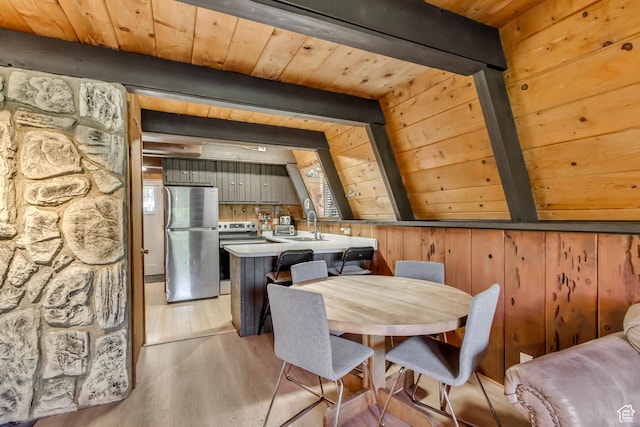 4601 Conifer Dr, Oakley, UT 84055 - dining area featuring wood walls, a wooden ceiling with exposed beams, and light wood-style floors