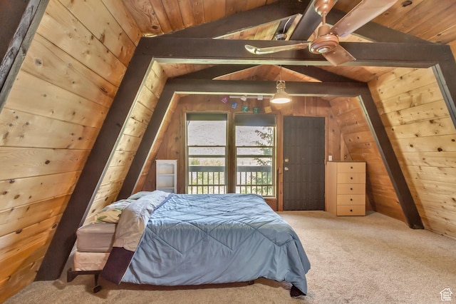 4601 Conifer Dr, Oakley, UT 84055 - bedroom with wooden ceiling, wood walls, carpet floors, and ceiling fan