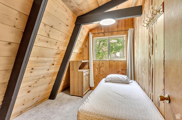 4601 Conifer Dr, Oakley, UT 84055 - bedroom with lofted ceiling, light colored carpet, and wooden walls