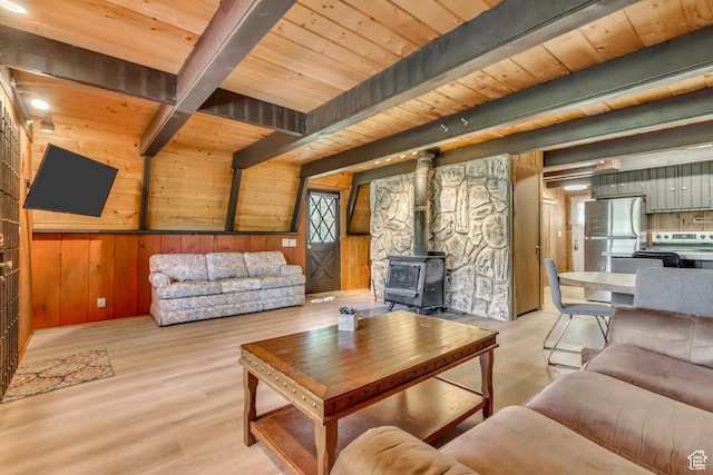 4601 Conifer Dr, Oakley, UT 84055 - living area with a wooden ceiling with exposed beams, a wood stove, wood walls, and wood finished floors