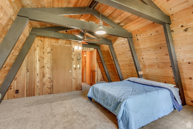 4601 Conifer Dr, Oakley, UT 84055 - bedroom featuring lofted ceiling, carpet floors, wood walls, and wooden ceiling