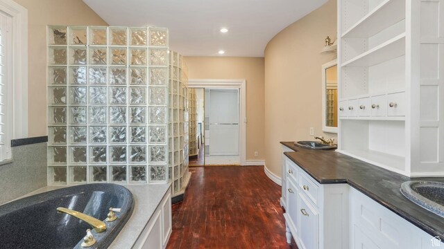 3175 N 140 W, Provo, UT 84604 - kitchen with dark wood-style flooring, white cabinets, open shelves, recessed lighting, and glass insert cabinets