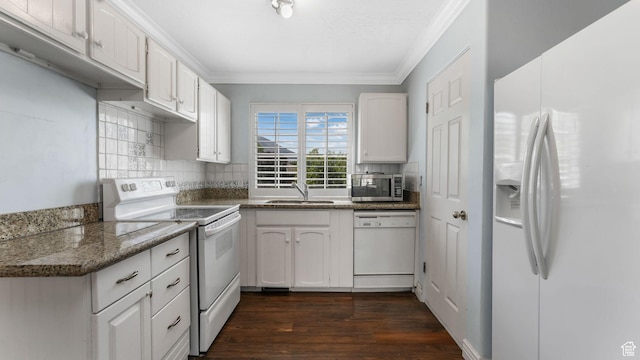 3175 N 140 W, Provo, UT 84604 - kitchen featuring white appliances, ornamental molding, white cabinetry, backsplash, and dark wood-style floors