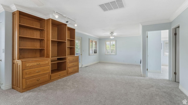 3175 N 140 W, Provo, UT 84604 - unfurnished living room featuring light colored carpet, a ceiling fan, crown molding, and rail lighting