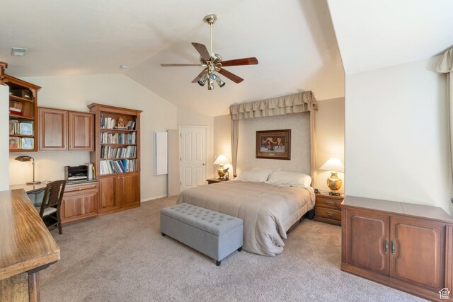 1028 E 140 N, Lindon, UT 84042 - bedroom featuring light colored carpet, lofted ceiling, built in desk, and a ceiling fan
