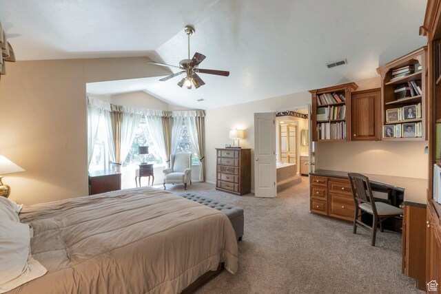 1028 E 140 N, Lindon, UT 84042 - bedroom featuring lofted ceiling, light colored carpet, built in desk, connected bathroom, and a ceiling fan