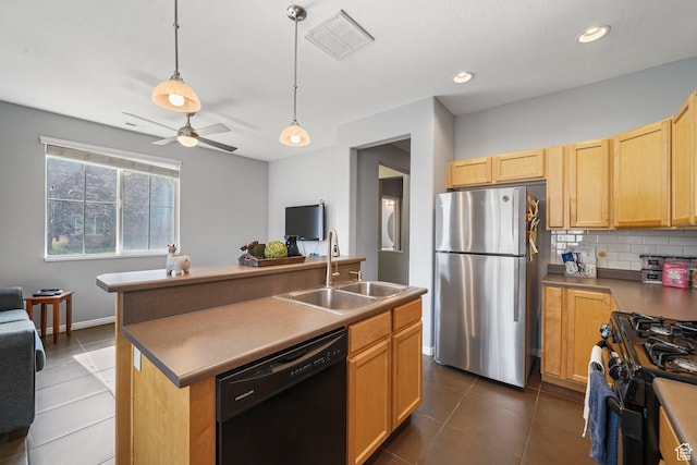 1051 W Castleton Dr, North Salt Lake, UT 84054 - kitchen featuring black appliances, backsplash, ceiling fan, open floor plan, and light brown cabinets