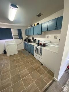 856 N 600 E, Lehi, UT 84043 - kitchen with blue cabinets, white electric stove, washer / clothes dryer, and light countertops