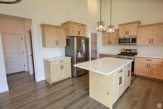 4181 W 1725 S, West Haven, UT 84401 - kitchen featuring appliances with stainless steel finishes, light brown cabinets, a towering ceiling, and dark wood-style flooring