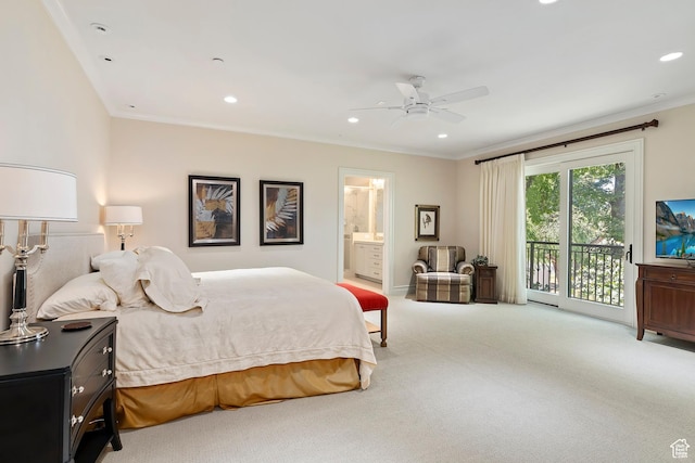 1706 E Murray Holladay Rd S Unit 204, Holladay, UT 84117 - carpeted bedroom featuring access to exterior, ornamental molding, recessed lighting, ensuite bath, and a ceiling fan