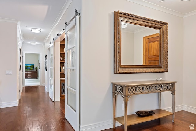 1706 E Murray Holladay Rd S Unit 204, Holladay, UT 84117 - corridor with a barn door, dark wood-style flooring, and crown molding
