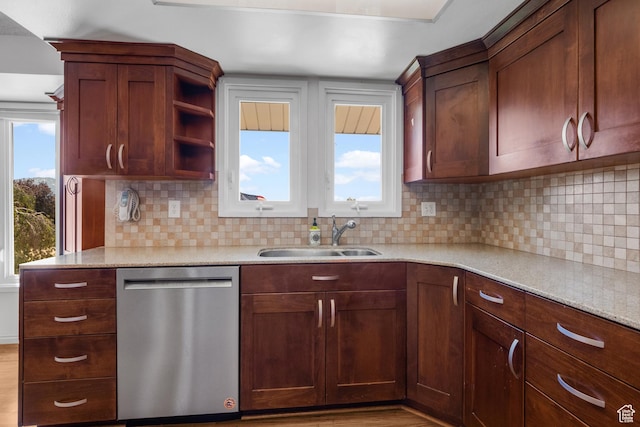 771 E 17th Ave, Salt Lake City, UT 84103 - kitchen with dishwasher, tasteful backsplash, wood finished floors, and open shelves