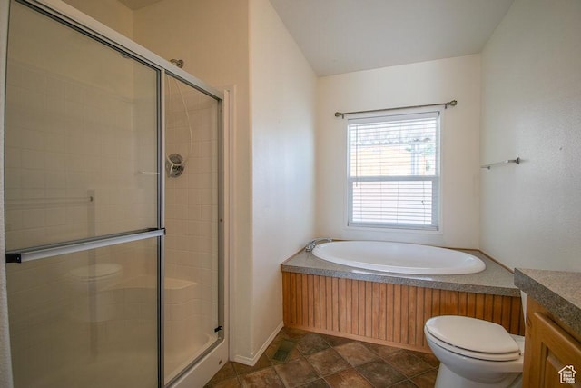 305 S Sheridan St, Stockton, UT 84071 - bathroom featuring a shower stall, a garden tub, vanity, and stone finish floors