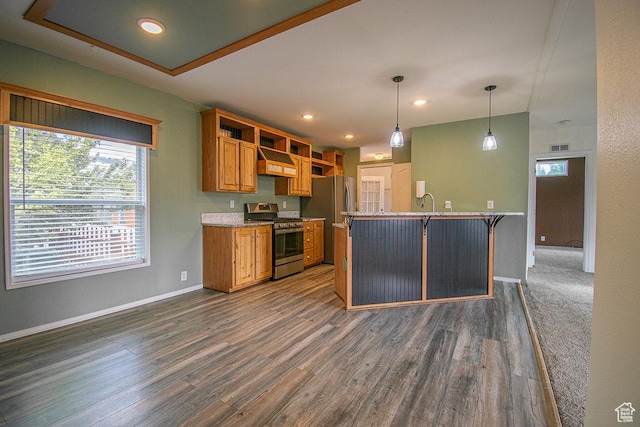 305 S Sheridan St, Stockton, UT 84071 - kitchen featuring stainless steel appliances, custom range hood, open shelves, dark wood-style flooring, and recessed lighting