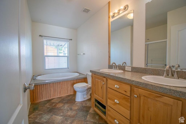 305 S Sheridan St, Stockton, UT 84071 - full bathroom with a garden tub, double vanity, a shower stall, and stone finish flooring