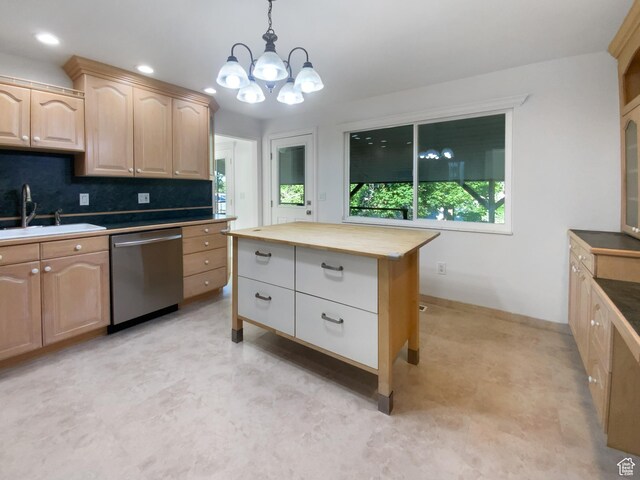 1175 N 1100 W, West Bountiful, UT 84087 - kitchen with stainless steel dishwasher, light brown cabinets, a chandelier, wood counters, and hanging light fixtures