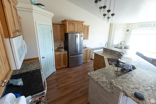 2673 S 2400 W, Weston, ID 83286 - kitchen featuring freestanding refrigerator, dark wood-type flooring, white microwave, light stone countertops, and lofted ceiling