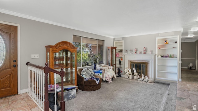 11778 S 1700 E, Sandy, UT 84092 - living room with ornamental molding, built in features, and a fireplace with flush hearth