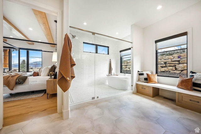2225 Elk Meadows Cir, Woodland, UT 84036 - ensuite bathroom featuring a soaking tub, recessed lighting, a marble finish shower, and tile patterned floors