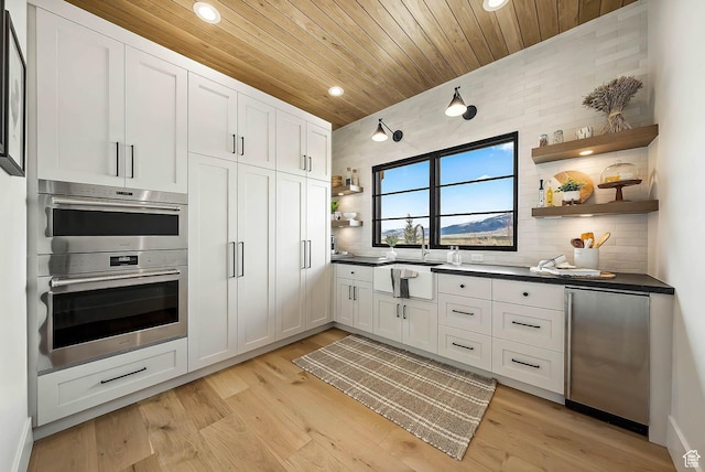 2225 Elk Meadows Cir, Woodland, UT 84036 - kitchen featuring open shelves, appliances with stainless steel finishes, wooden ceiling, recessed lighting, and dark countertops