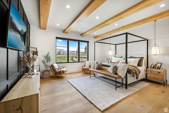 2225 Elk Meadows Cir, Woodland, UT 84036 - bedroom with recessed lighting, beamed ceiling, and light wood-type flooring