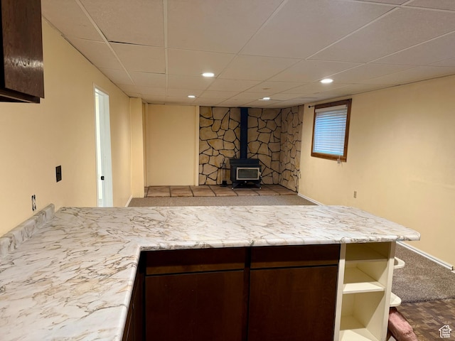 34 S El Dorado Pl, West Jordan, UT 84088 - finished basement with a wood stove, a drop ceiling, and recessed lighting