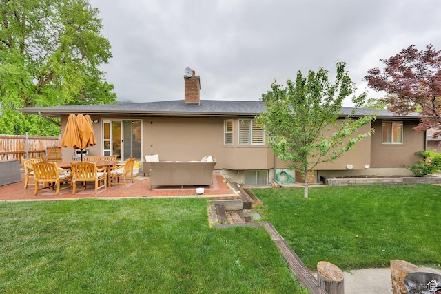2345 E High Mountain Dr, Sandy, UT 84092 - rear view of house with an outdoor hangout area, a chimney, a patio area, and stucco siding