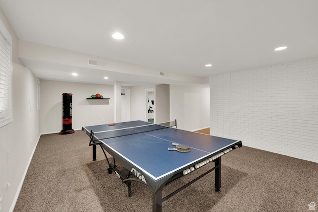 2345 E High Mountain Dr, Sandy, UT 84092 - game room featuring carpet flooring, brick wall, and recessed lighting