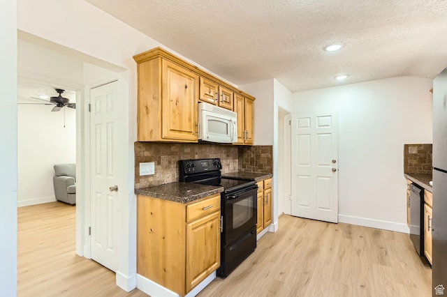 180 E Ross Dr, Clearfield, UT 84015 - kitchen with black appliances, light wood finished floors, tasteful backsplash, a textured ceiling, and recessed lighting
