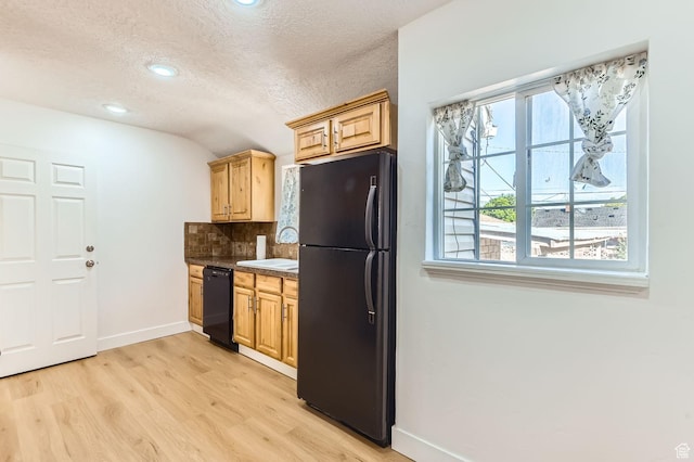 180 E Ross Dr, Clearfield, UT 84015 - kitchen with black appliances, a textured ceiling, light wood-style flooring, backsplash, and healthy amount of natural light