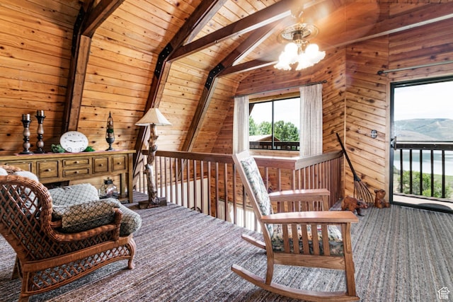1922 N Corral Rd Unit 10, Scofield, UT 84526 - living area with carpet, wood ceiling, wooden walls, a chandelier, and an upstairs landing