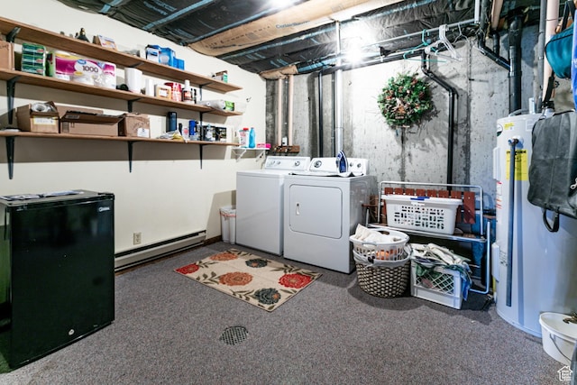 1922 N Corral Rd Unit 10, Scofield, UT 84526 - laundry room with a baseboard radiator, washing machine and dryer, water heater, and carpet floors