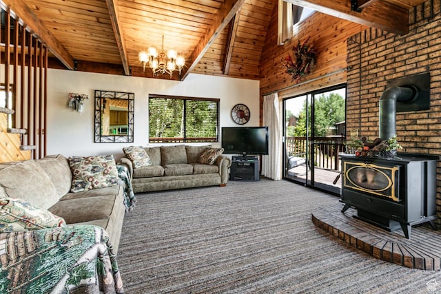 1922 N Corral Rd Unit 10, Scofield, UT 84526 - living area featuring a wood stove, carpet flooring, a chandelier, and a wooden ceiling with exposed beams