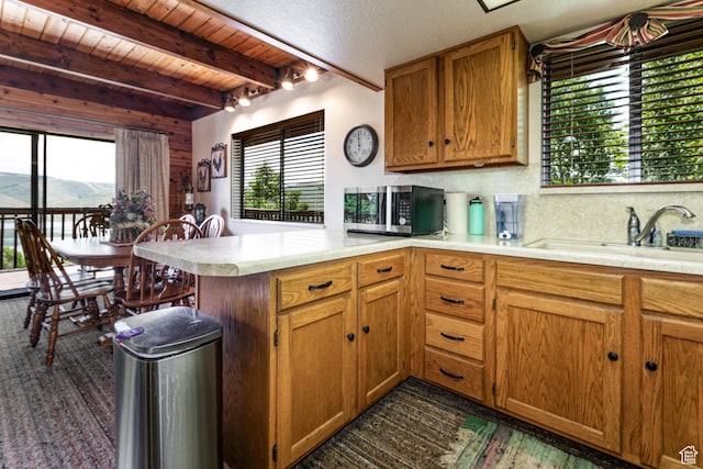 1922 N Corral Rd Unit 10, Scofield, UT 84526 - kitchen with stainless steel microwave, a peninsula, light countertops, healthy amount of natural light, and a wooden ceiling with exposed beams