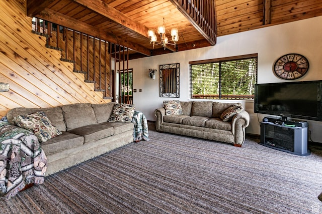 1922 N Corral Rd Unit 10, Scofield, UT 84526 - carpeted living room with a wooden ceiling with exposed beams, a chandelier, and stairs