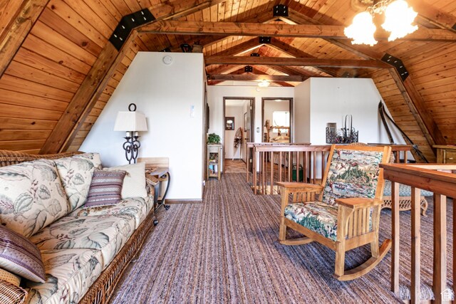 1922 N Corral Rd Unit 10, Scofield, UT 84526 - living area with wooden ceiling, vaulted ceiling, carpet floors, and a chandelier